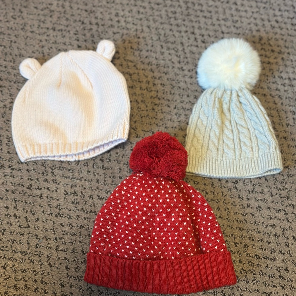 Three Knit Beanies with Pom Poms/Ears